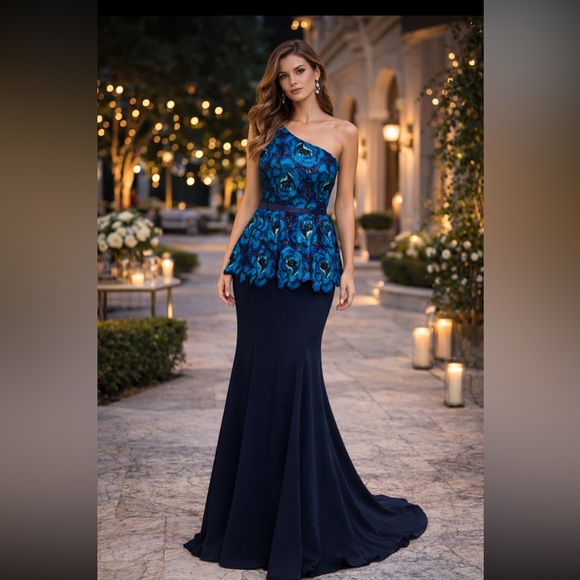 Aidan Mattox Dresses & Skirts - Aidan Mattox one shoulder embellished lace bodice long gown